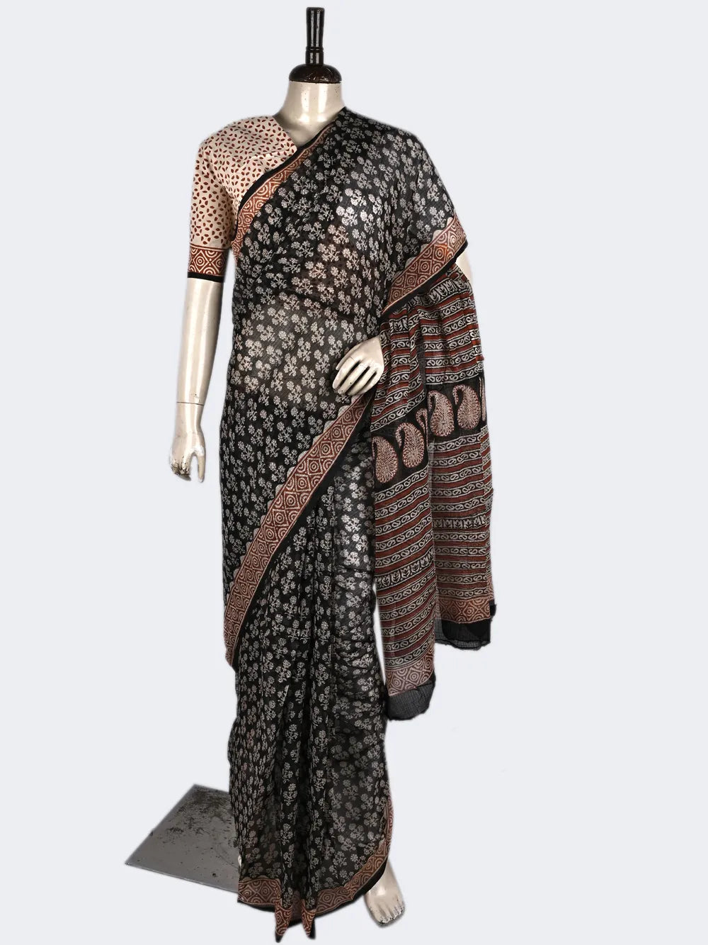 Black kota doria floral saree with brown border