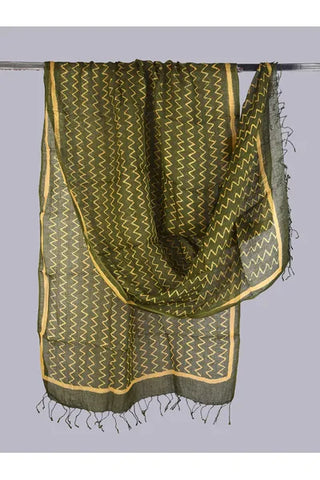 Green & Yellow Handcrafted Handblock Print Pure Linen  Dupatta