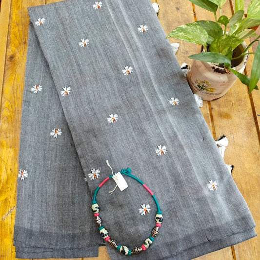 Grey Embroidered Cotton Saree With Blouse