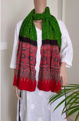 Green & red handmade ajrakh bandhani cotton stole