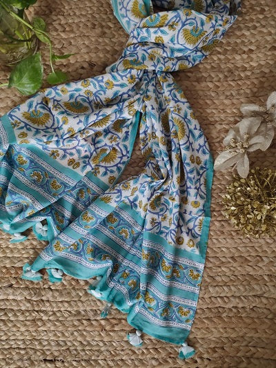 Turquoise White Hand block Printed Cotton Stole