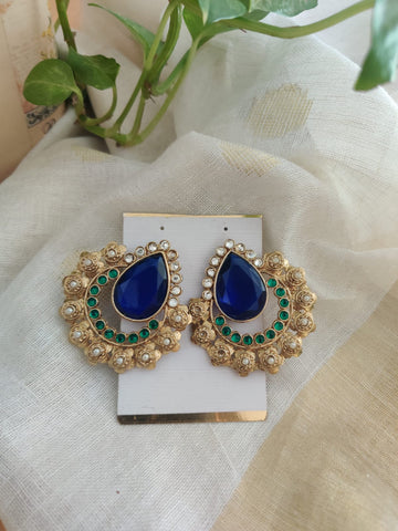 Blue Stone Golden Brass Earrings