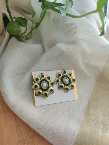 Green Pearl Golden Brass Earrings