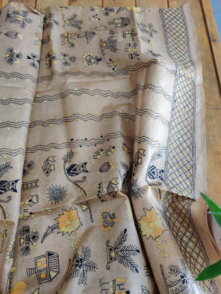 Beige Hand Embroidered Kantha Tussar Silk Dupatta