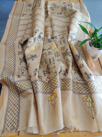 Beige Hand Embroidered Kantha Tussar Silk Dupatta