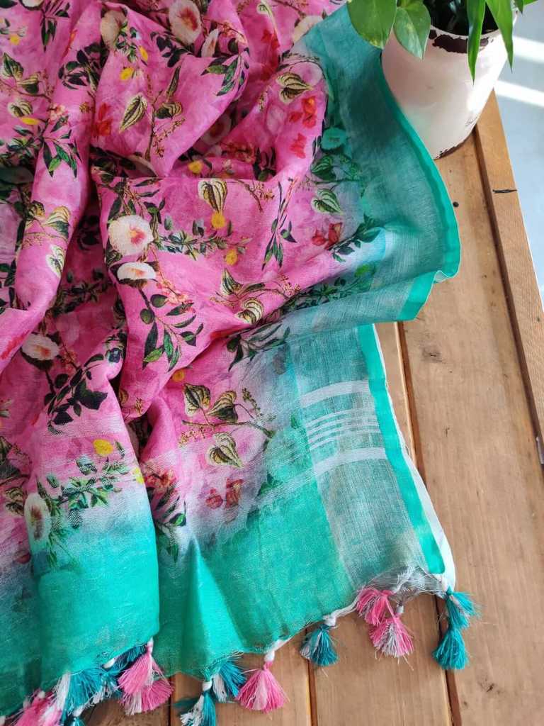 Deep pink Pure Linen Dupatta Online - Desi Weaves