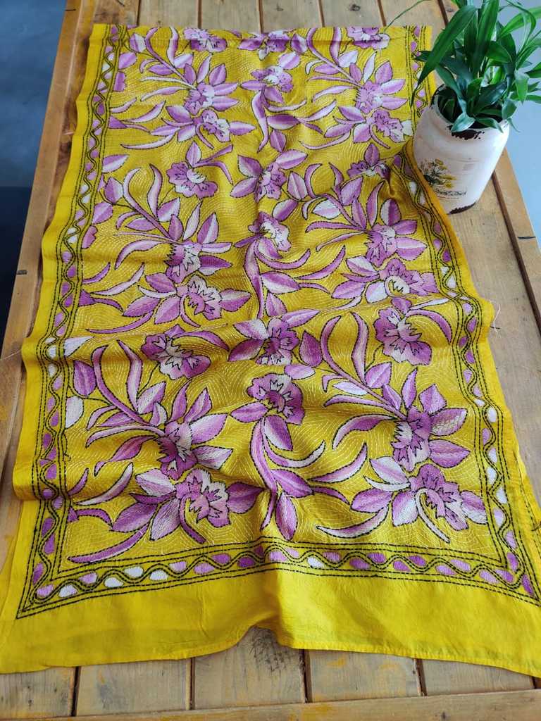 Kantha Stitch Tussar Silk Stole - Desi Weaves