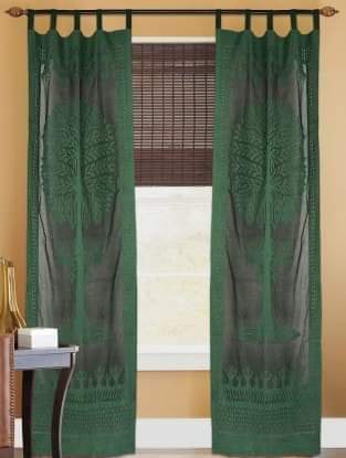 Deep Green Cotton Organdy Handstitched Applique Curtain - 9 Ft