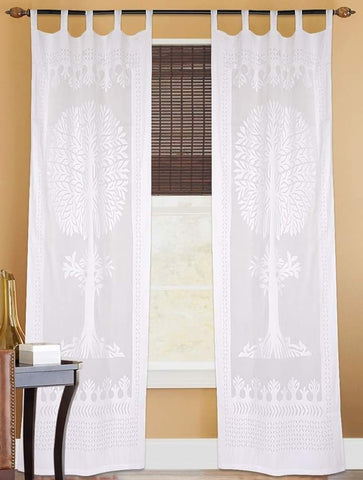 White Cotton Organdy Handstitched Applique Curtain - 9 Ft
