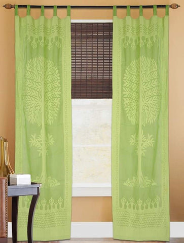 Light Green Cotton Organdy Handstitched Applique Curtain - 9 Ft