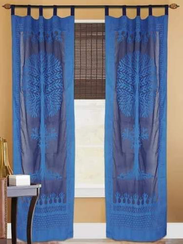 Blue Cotton Organdy Handstitched Applique Curtain - 9 Ft