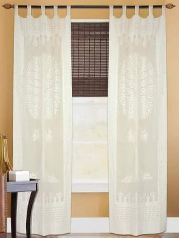 Off White Cotton Organdy Handstitched Applique Curtain - 9 Ft