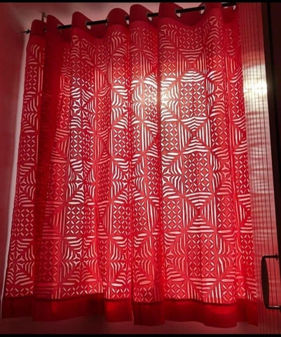 Red Cotton Organdy Handstitched Applique Curtain - 9 Ft