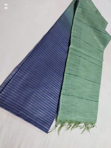 Blue & Green Silk Cotton Saree With Blouse