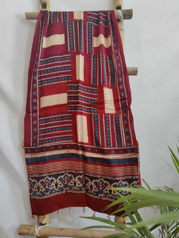 Sinduri Handcrafted Ajrakh Block Print Modal Silk Stole