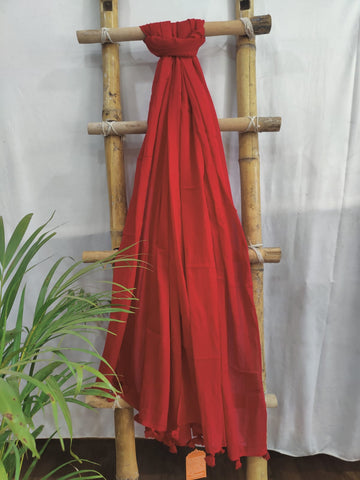 Red Color Plain Mull Cotton Dupatta With Tassels