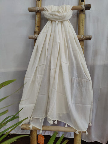 Off White Mull Cotton Dupatta With Tassels