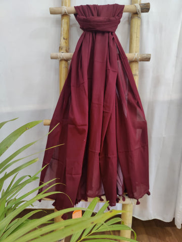 Maroon Color Plain Mull Cotton Dupatta With Tassels