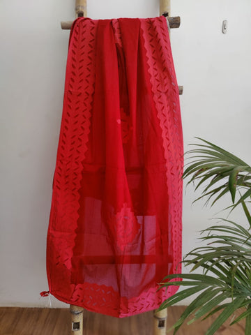 Red Handcrafted Applique Work Cotton Dupatta