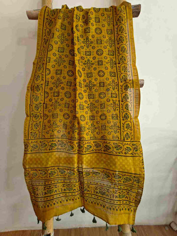 Yellow ajrakh handblock printed chanderi silk stole