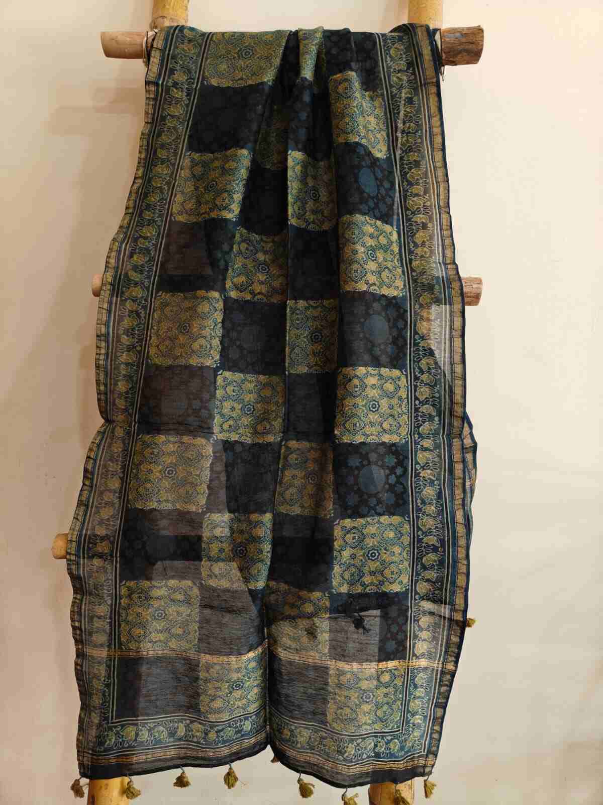 ajrakh chanderi silk stole - desi weaves