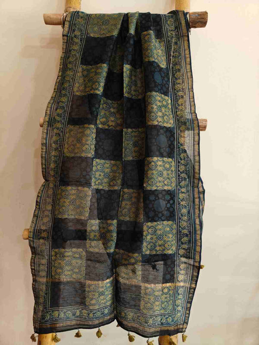 ajrakh chanderi silk stole - desi weaves