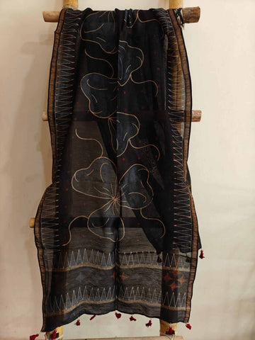 Black ajrakh handblock printed chanderi silk stole