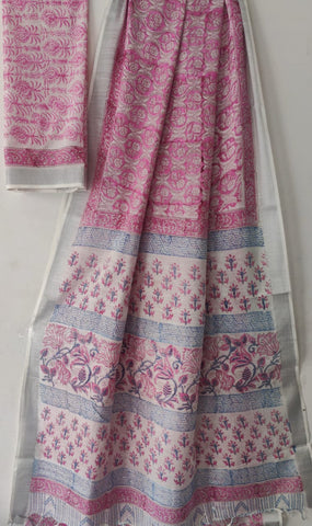 White & Pink Block Print Cotton Linen Saree