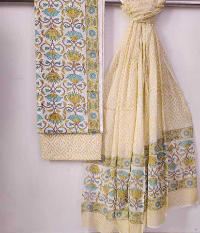 Lemon Color Block Print Mul Cotton Suit Dupatta Set