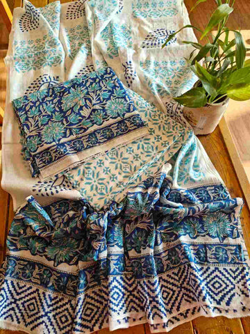 Blue Color Block Print Mul Cotton Suit Dupatta Set