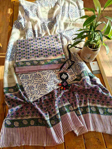 Lavender Color Block Print Mul Cotton Suit Dupatta Set