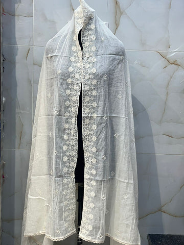 Desi Weaves Ivory Mul Cotton Embroidered Dupatta