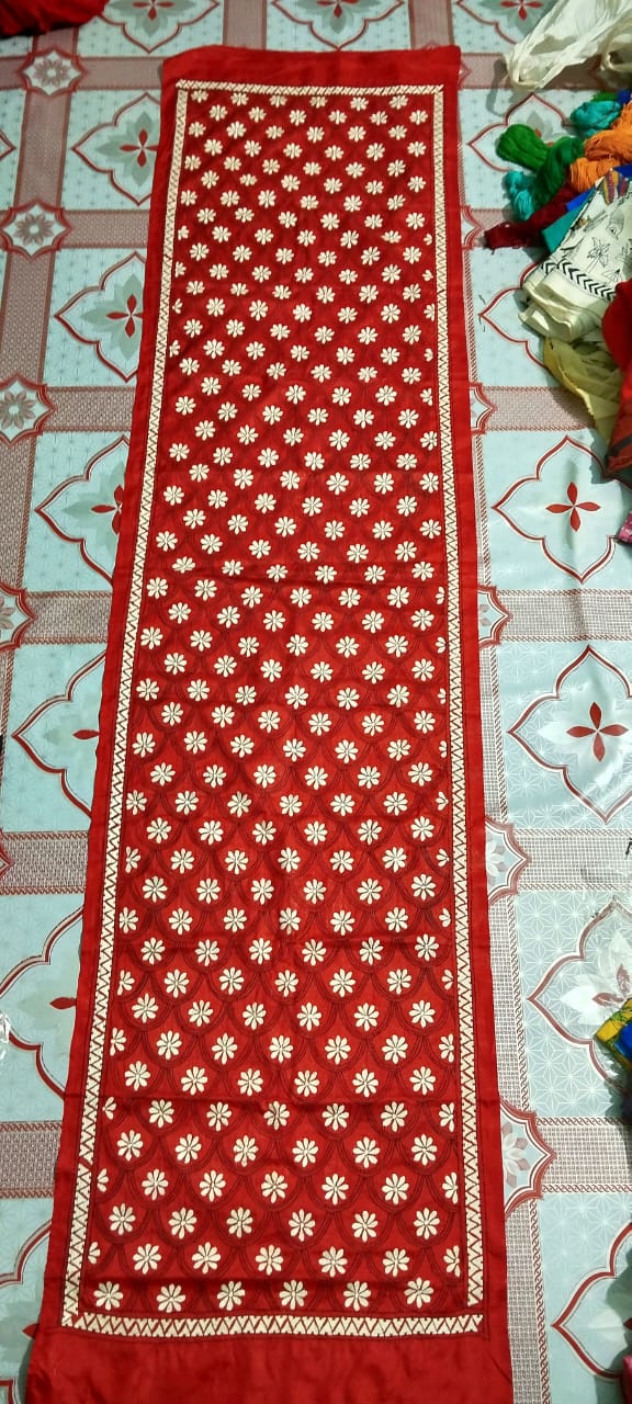 red kantha stitch silk stole - Desi Weaves