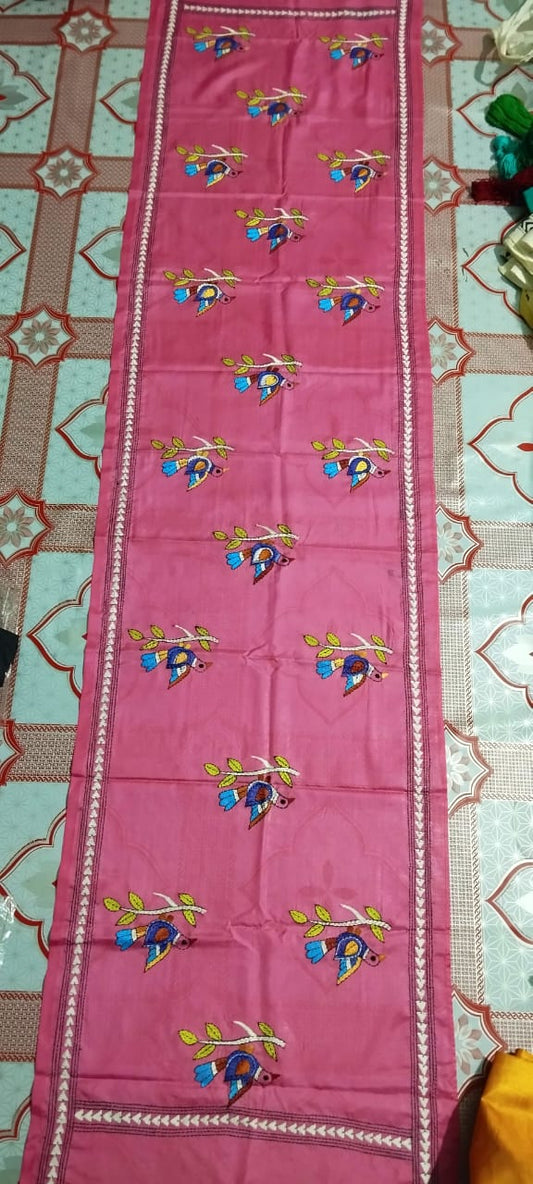 kantha stitch silk stole - Desi Weaves