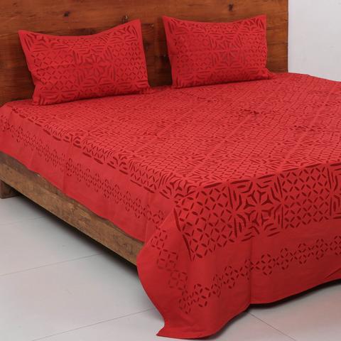 red applique stitch bed sheet - desi weaves