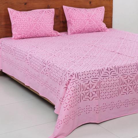 pink applique stitch bed sheet - desi weaves