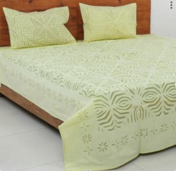 green applique stitch bed sheet - desi weaves