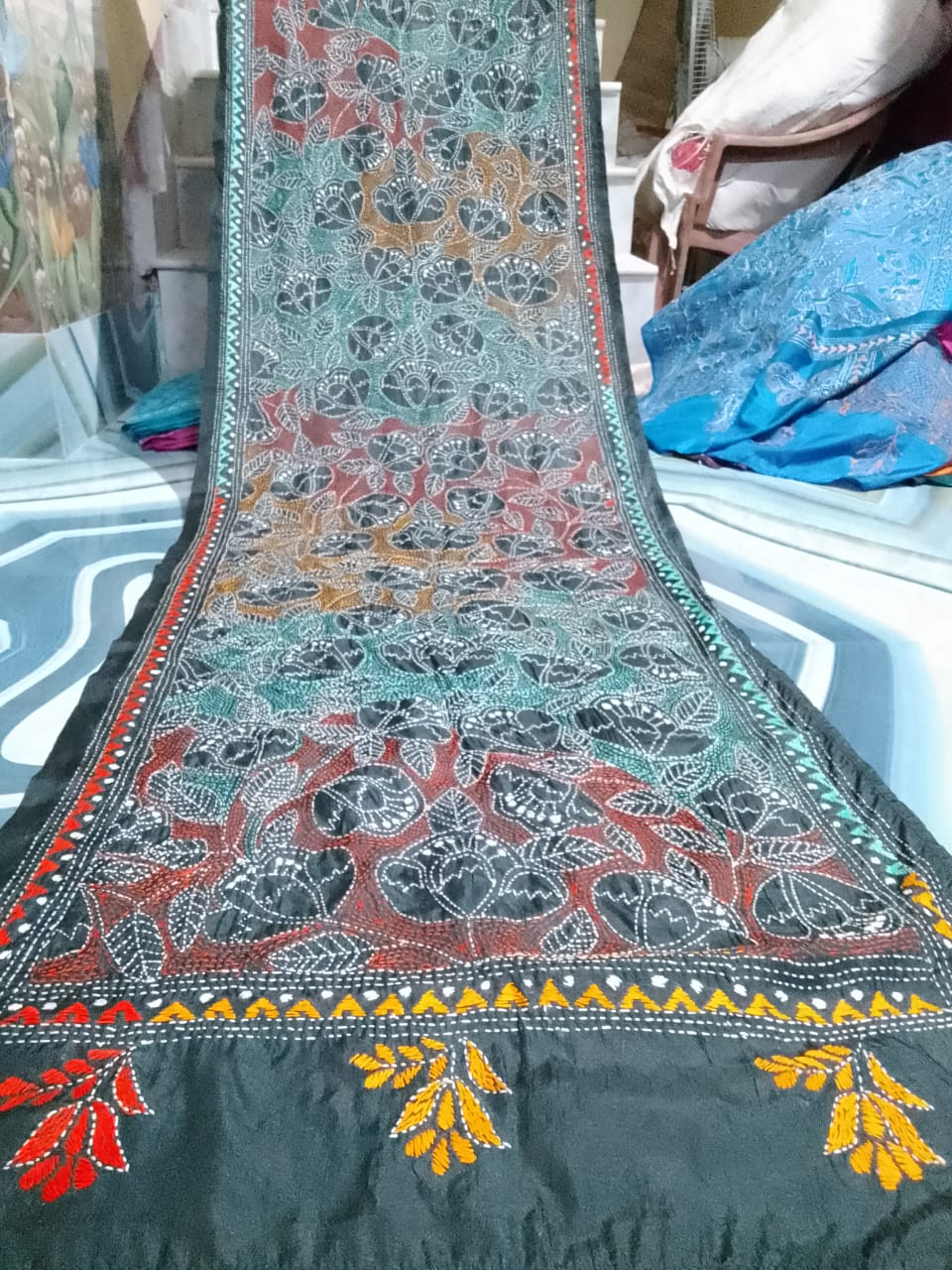 black kantha stitch silk stole - Desi Weaves
