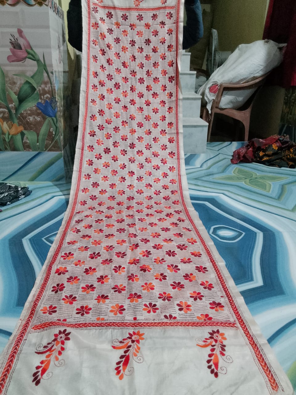red kantha stitch silk stole - Desi Weaves