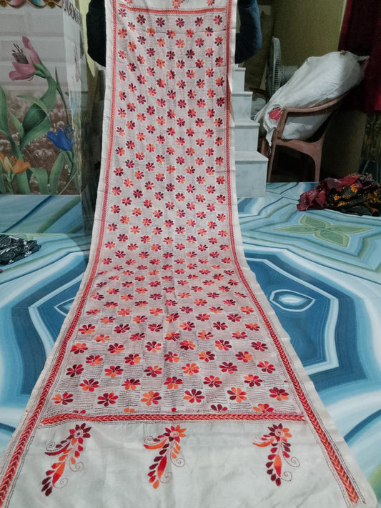 red kantha stitch silk stole - Desi Weaves