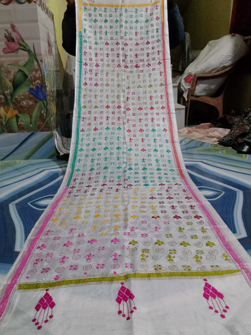 white kantha stitch silk stole - Desi Weaves