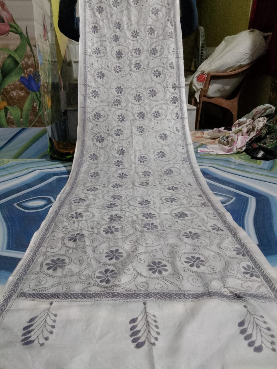 white kantha stitch silk stole - Desi Weaves