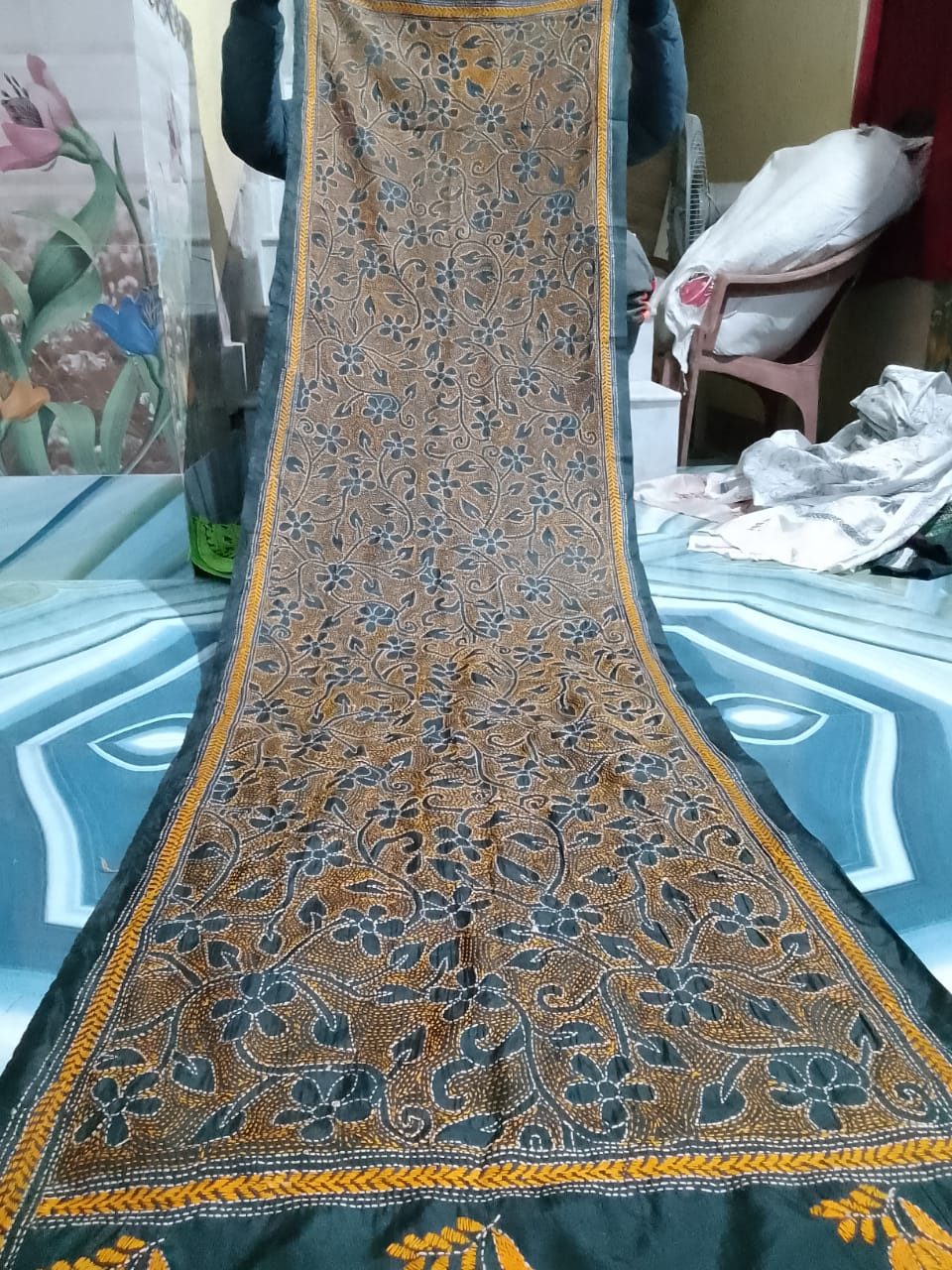 kantha stitch silk stole - Desi Weaves