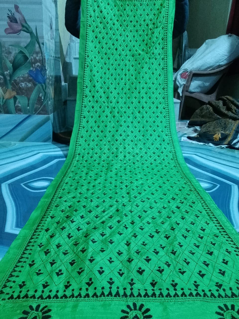 green kantha stitch silk stole - Desi Weaves