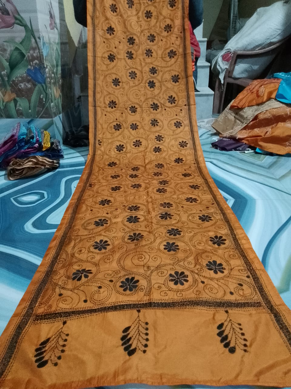 yellow kantha stitch silk stole - Desi Weaves