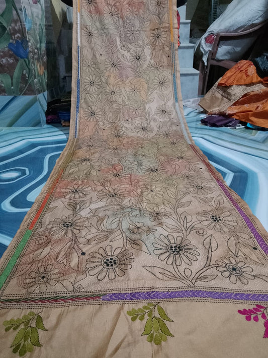 purple kantha stitch silk stole - Desi Weaves