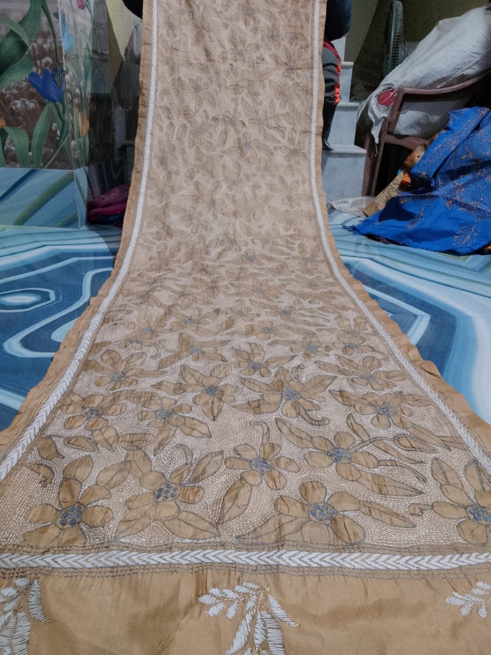 brown kantha stitch silk stole - Desi Weaves