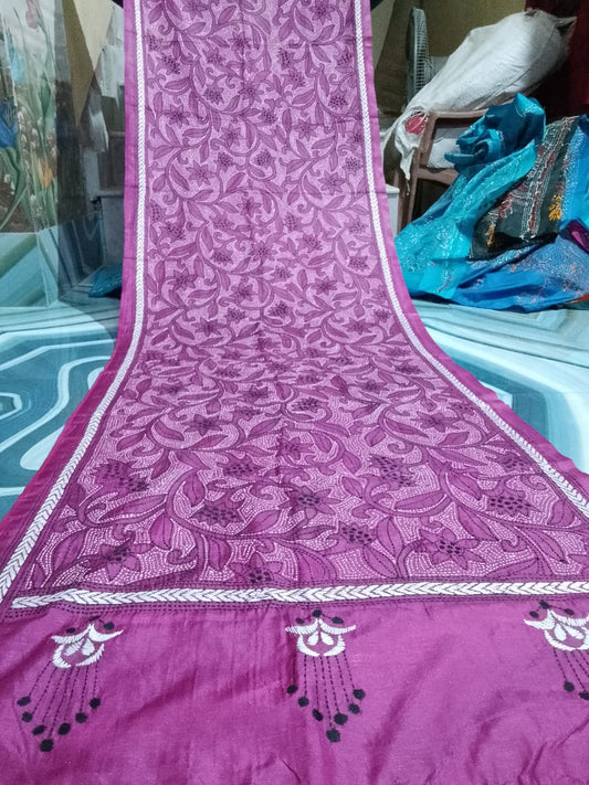 pink kantha stitch silk stole - Desi Weaves
