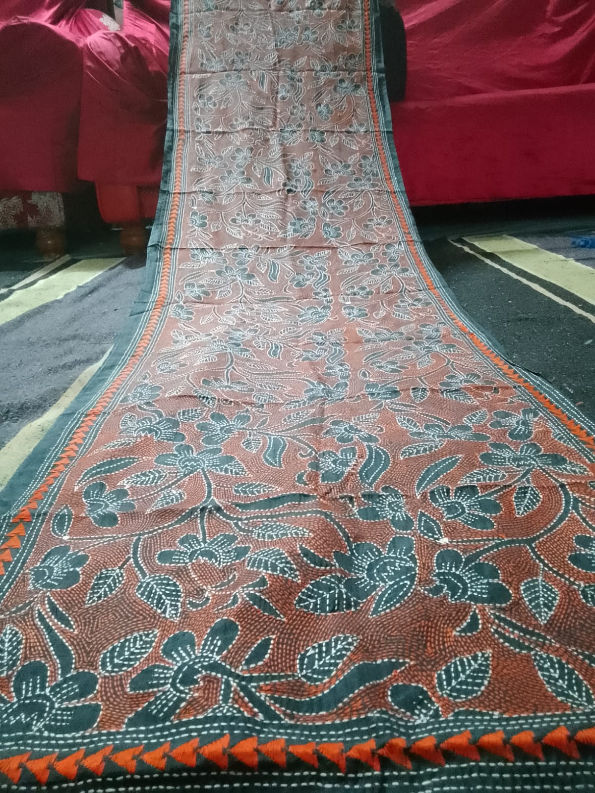 black kantha stitch silk stole - Desi Weaves
