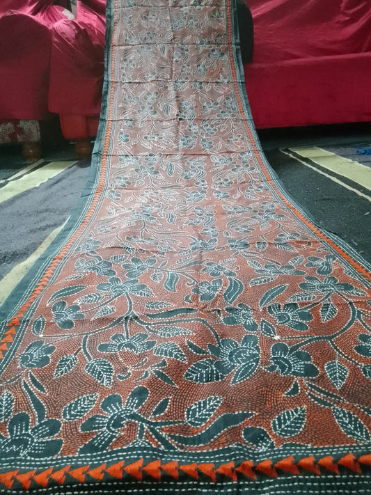 black kantha stitch silk stole - Desi Weaves